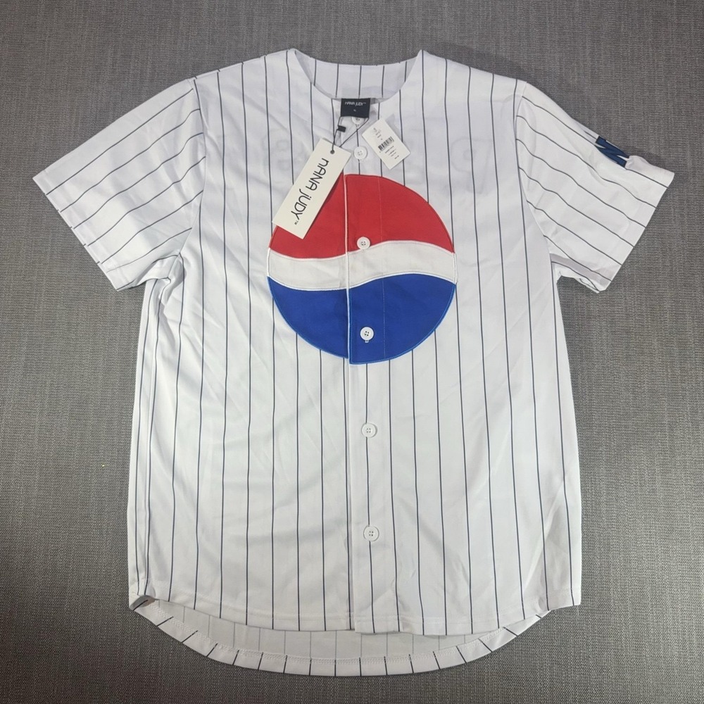 Nana Judy Shirt Mens XL White Pepsi Pinstripe Baseball Button Up Jersey Graphic